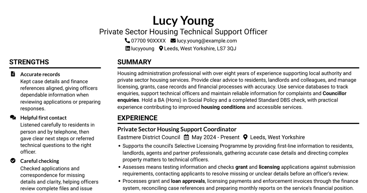 7 Private Sector Housing Technical Support Officer CV Templates with Example