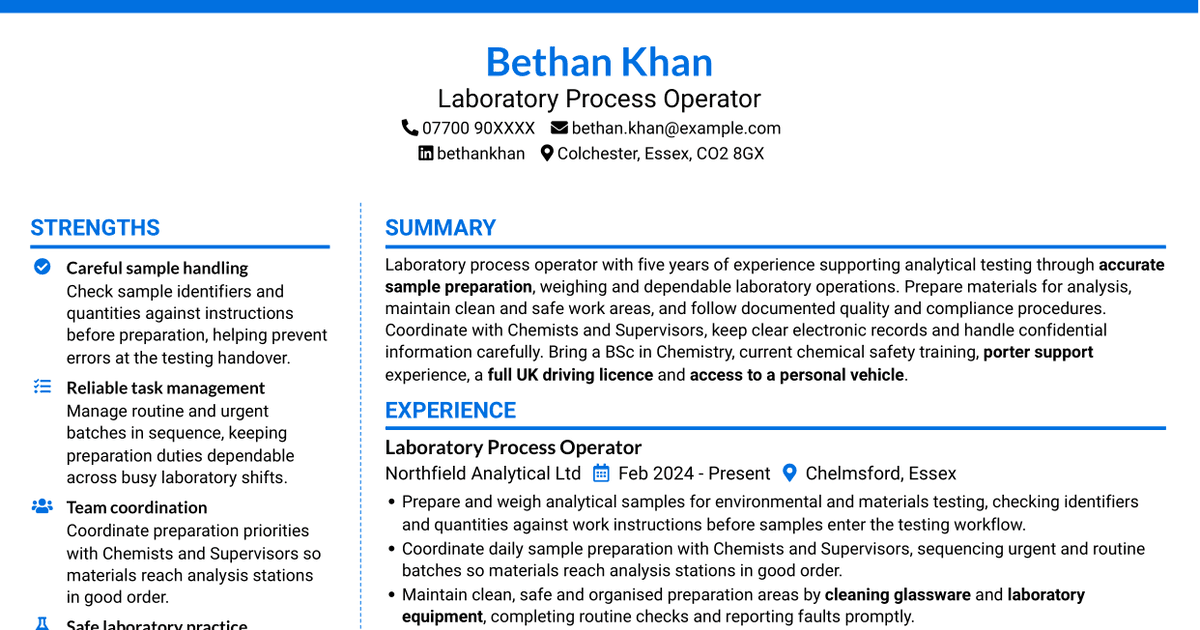 7 Process Operator - Laboratory Sample Preparation CV Templates with Example