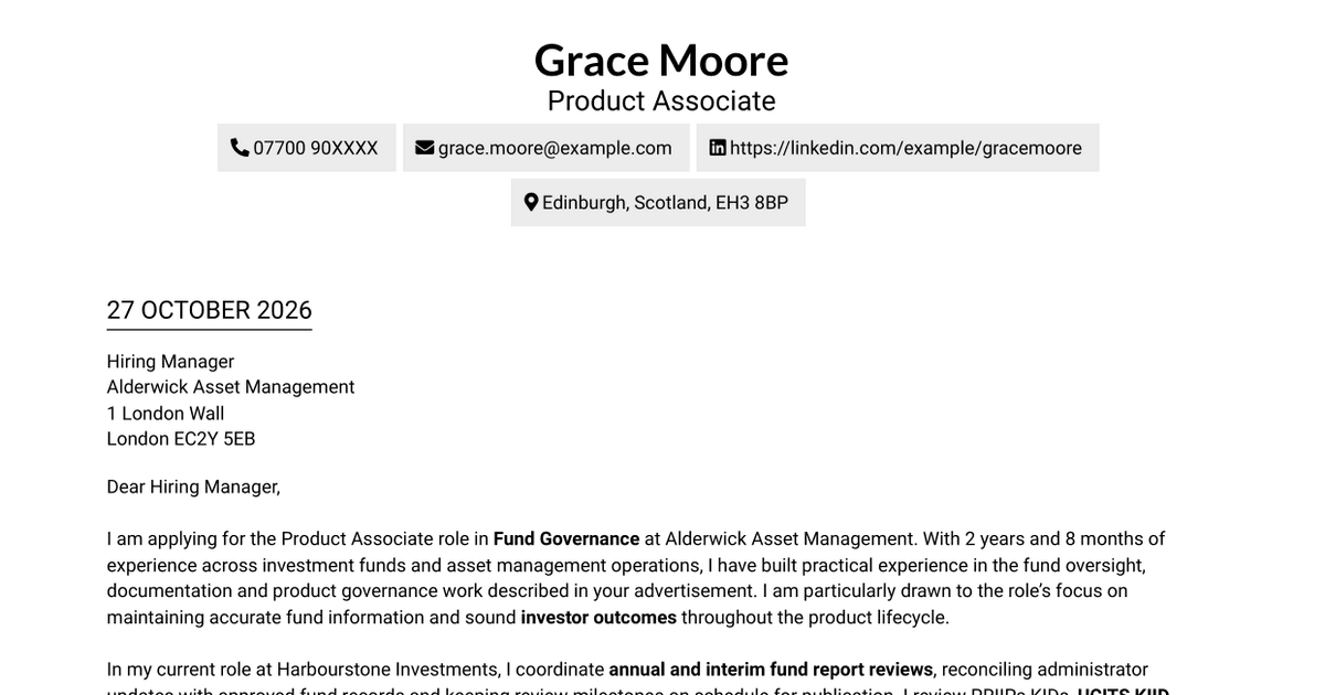 Product Associate - Fund Governance Cover Letter