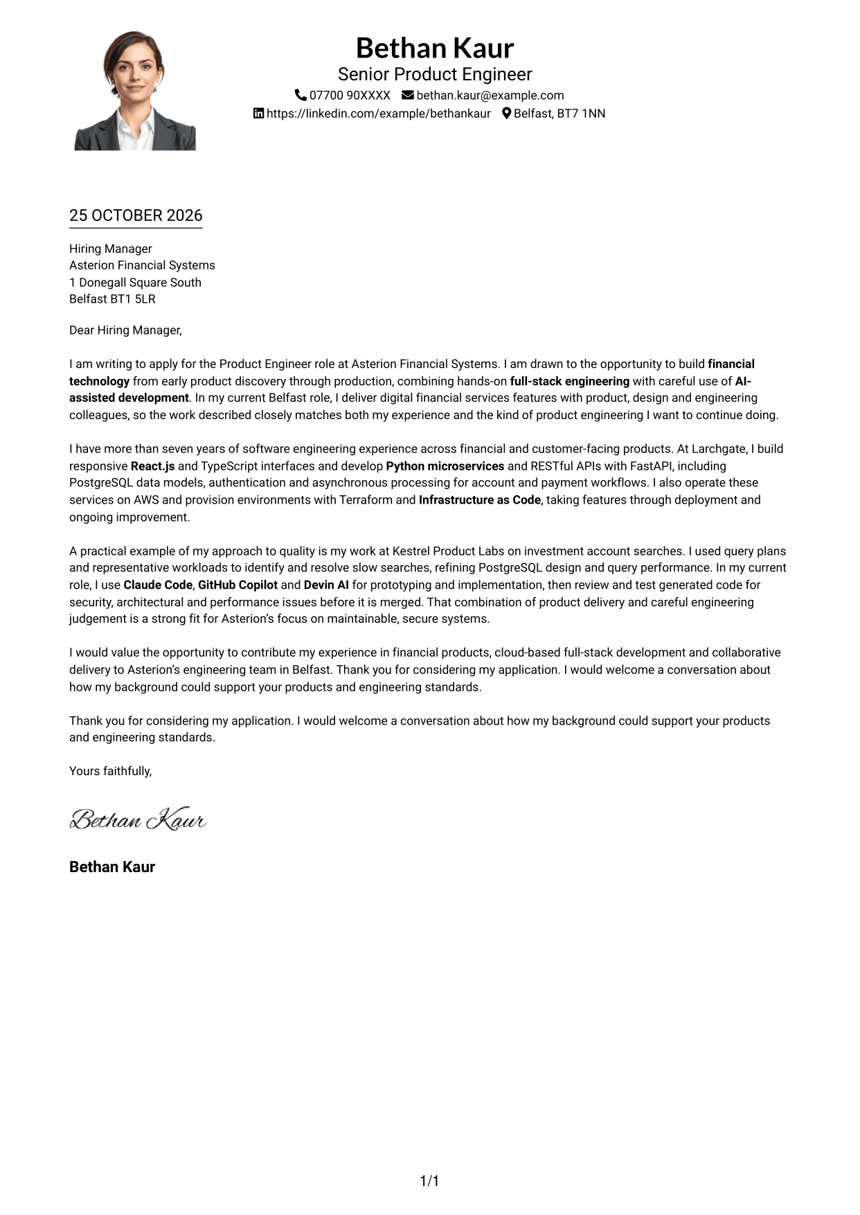 Cover letter example — page 1