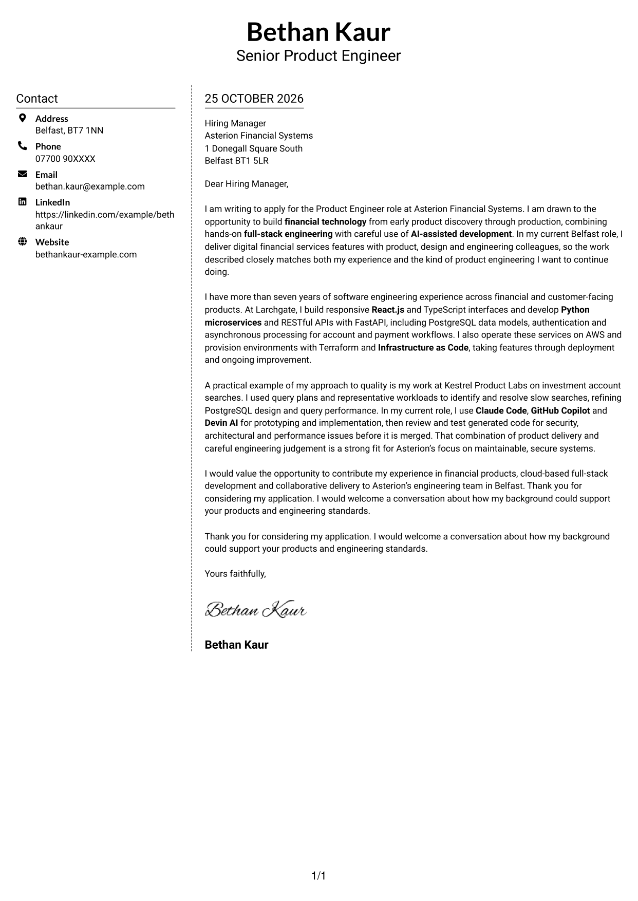 Cover letter example — page 1