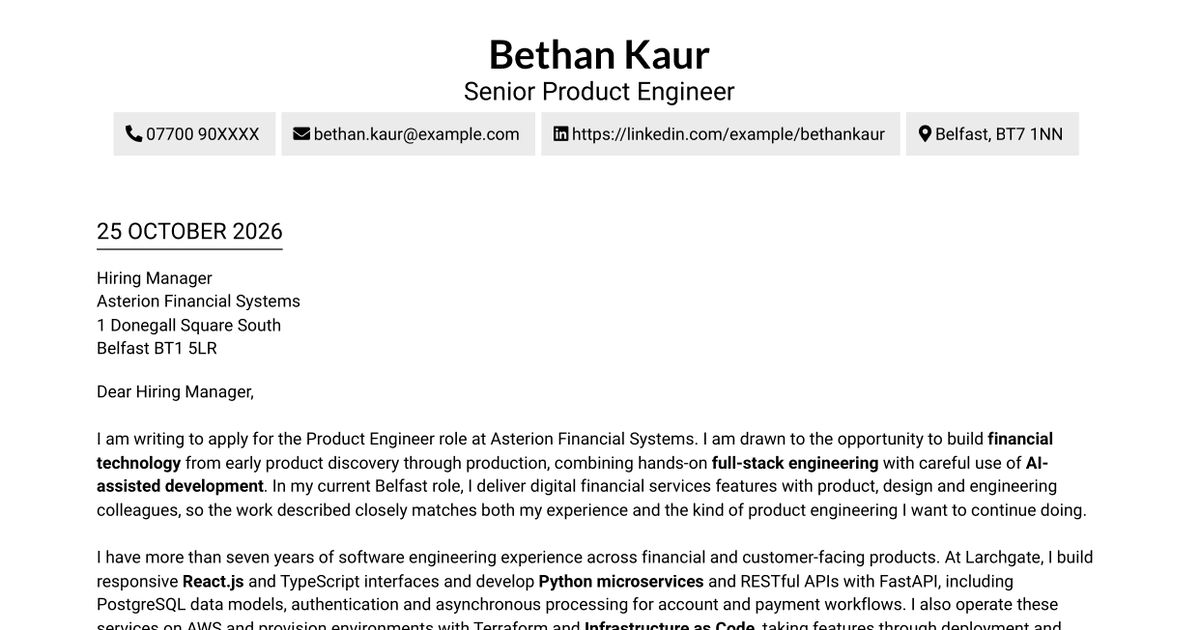 Product Engineer - AI-Augmented Full-Stack Systems Cover Letter