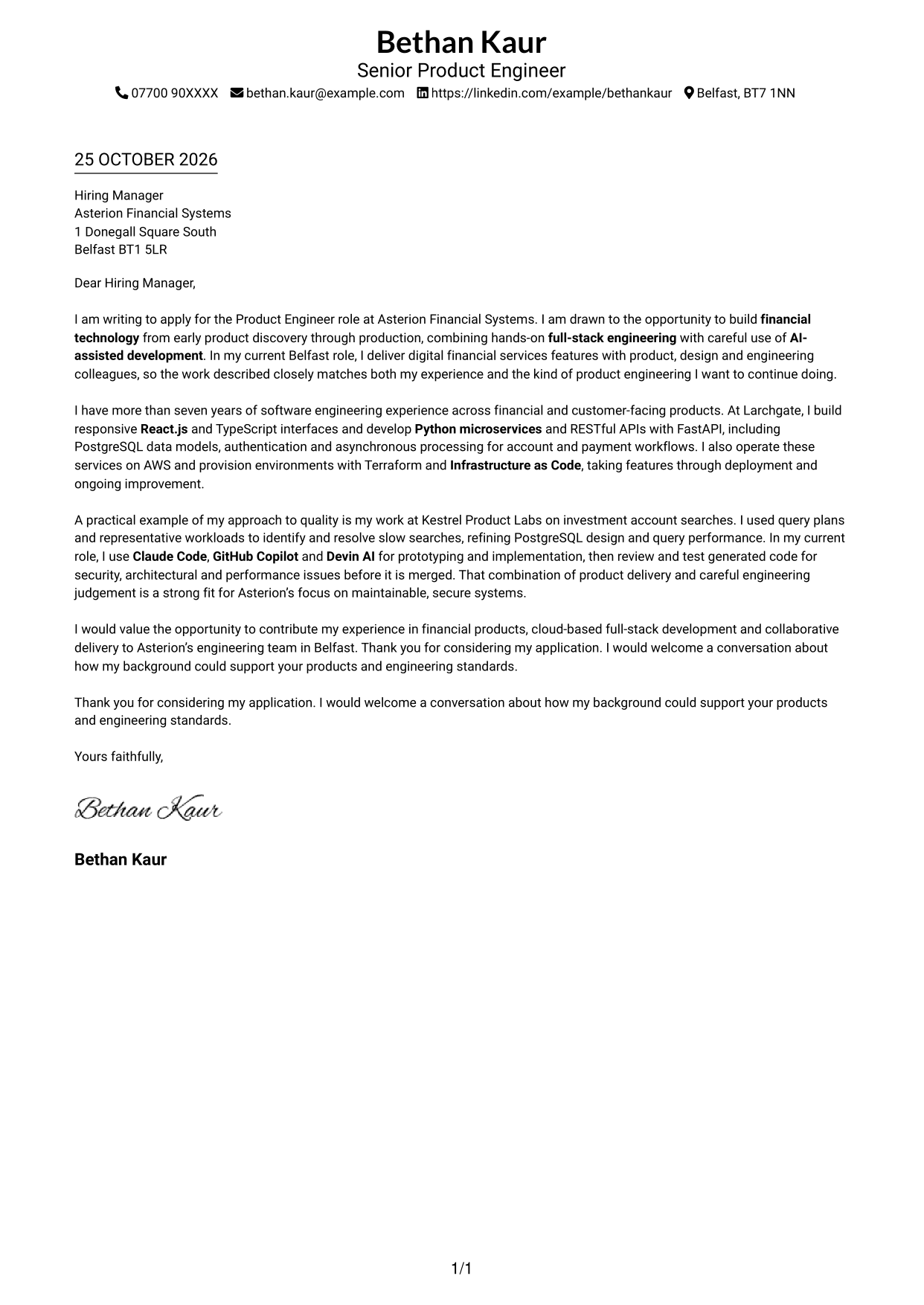 Cover letter example — page 1