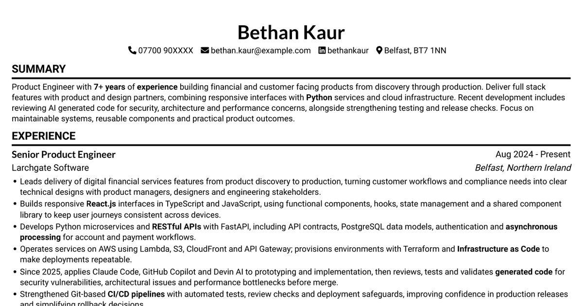 Product Engineer - AI-Augmented Full-Stack Systems CV