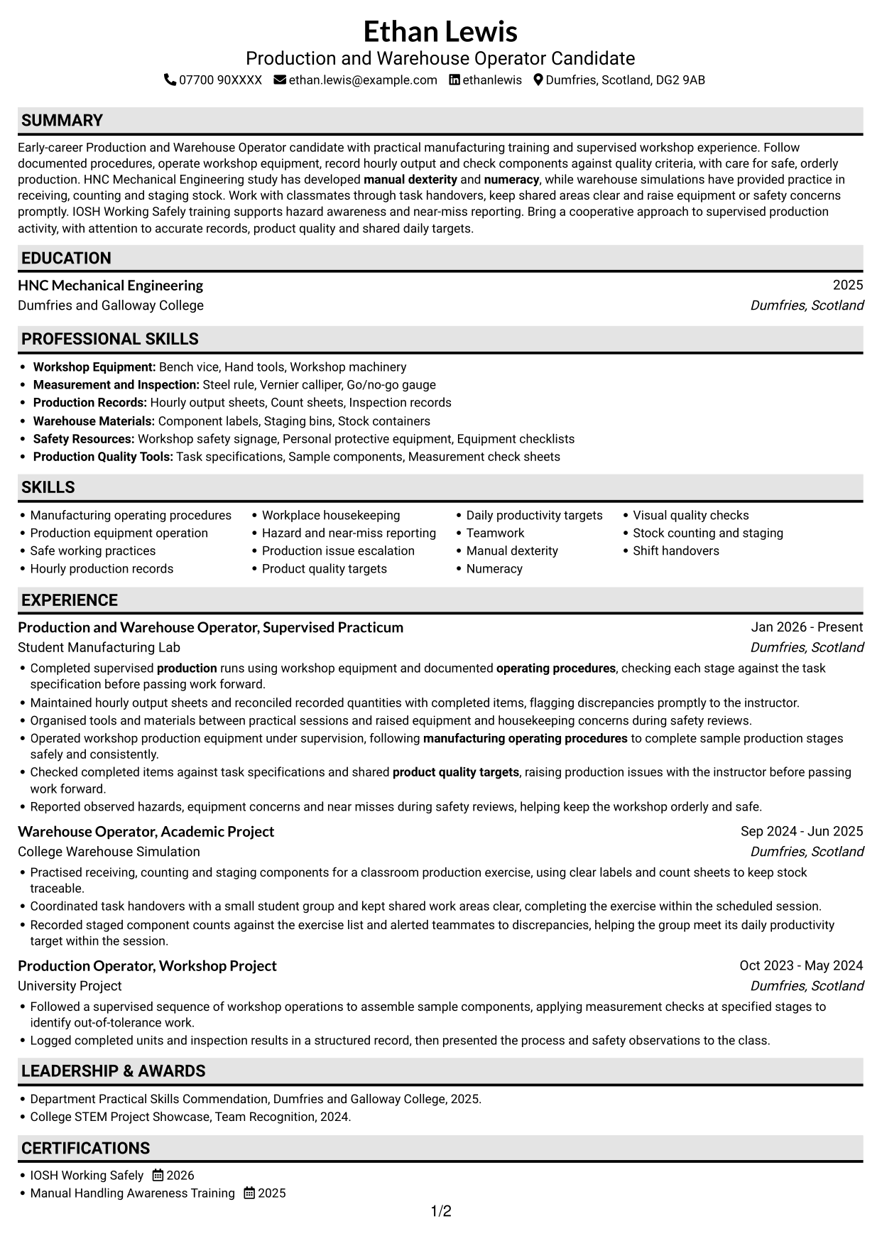 CV example — page 1
