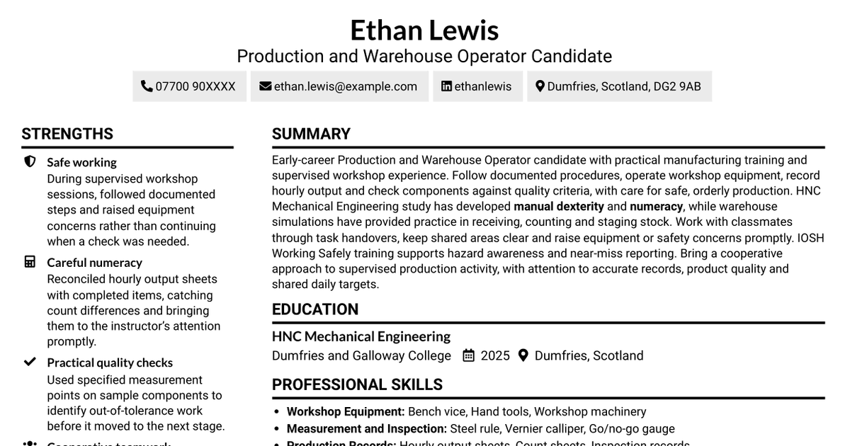 7 Production and Warehouse Operator - Manufacturing Operations CV Templates with Example