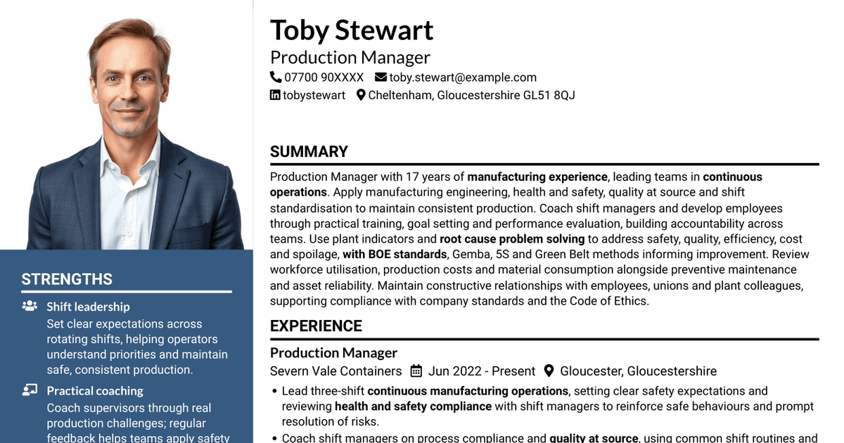 7 Production Manager - Continuous Manufacturing CV Templates with Example