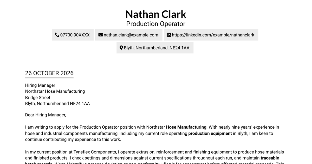 Production Operator - Hose Manufacturing Cover Letter