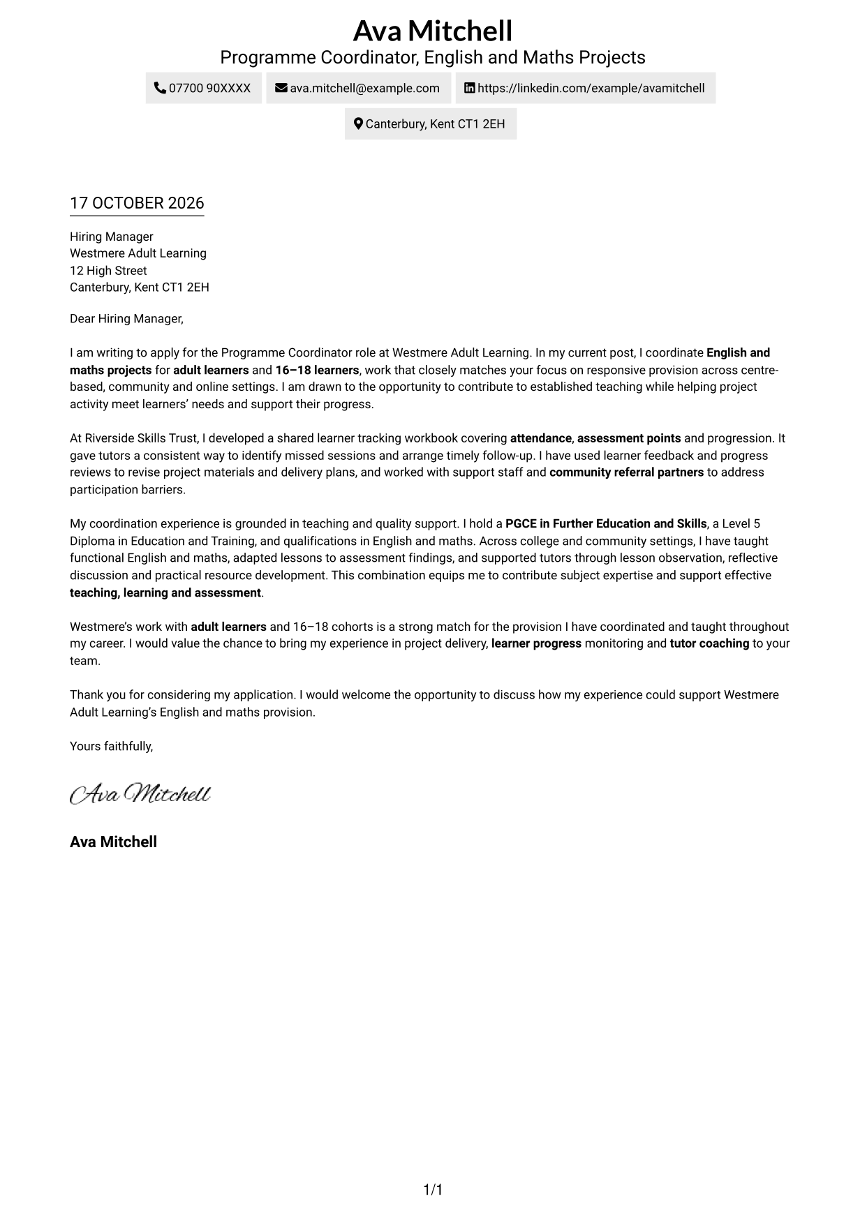 Cover letter example — page 1