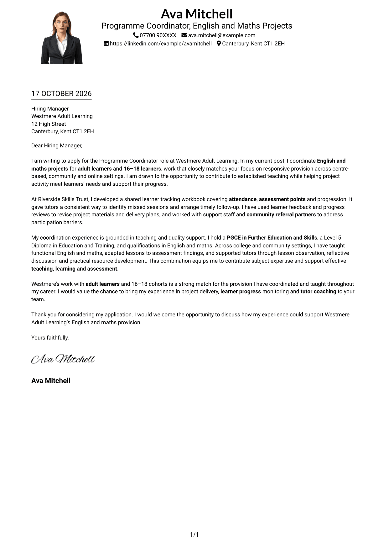 Cover letter example — page 1