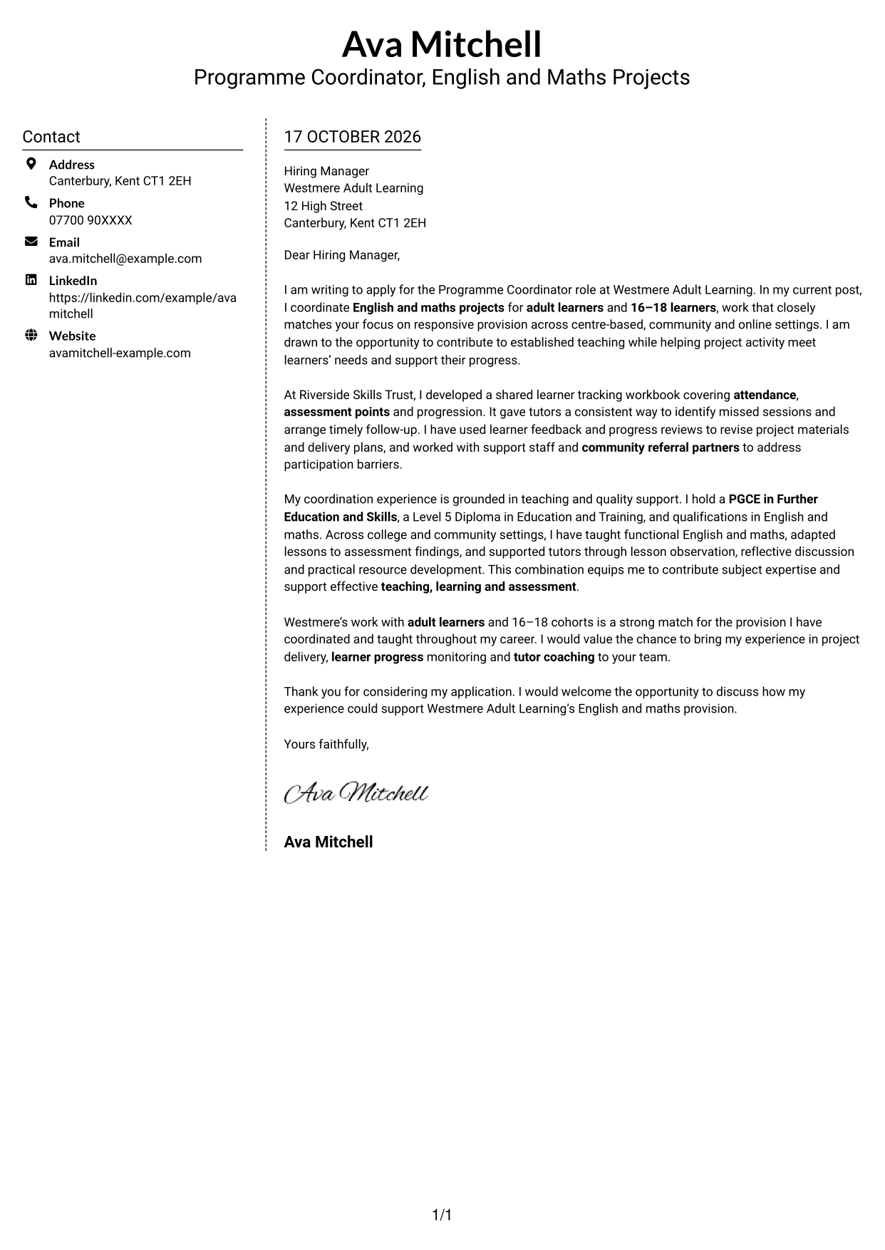 Cover letter example — page 1