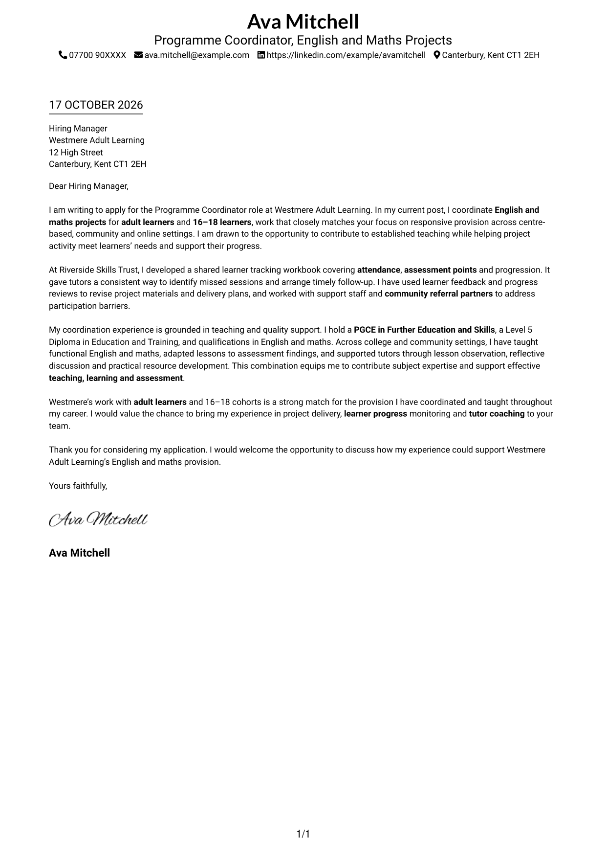 Cover letter example — page 1