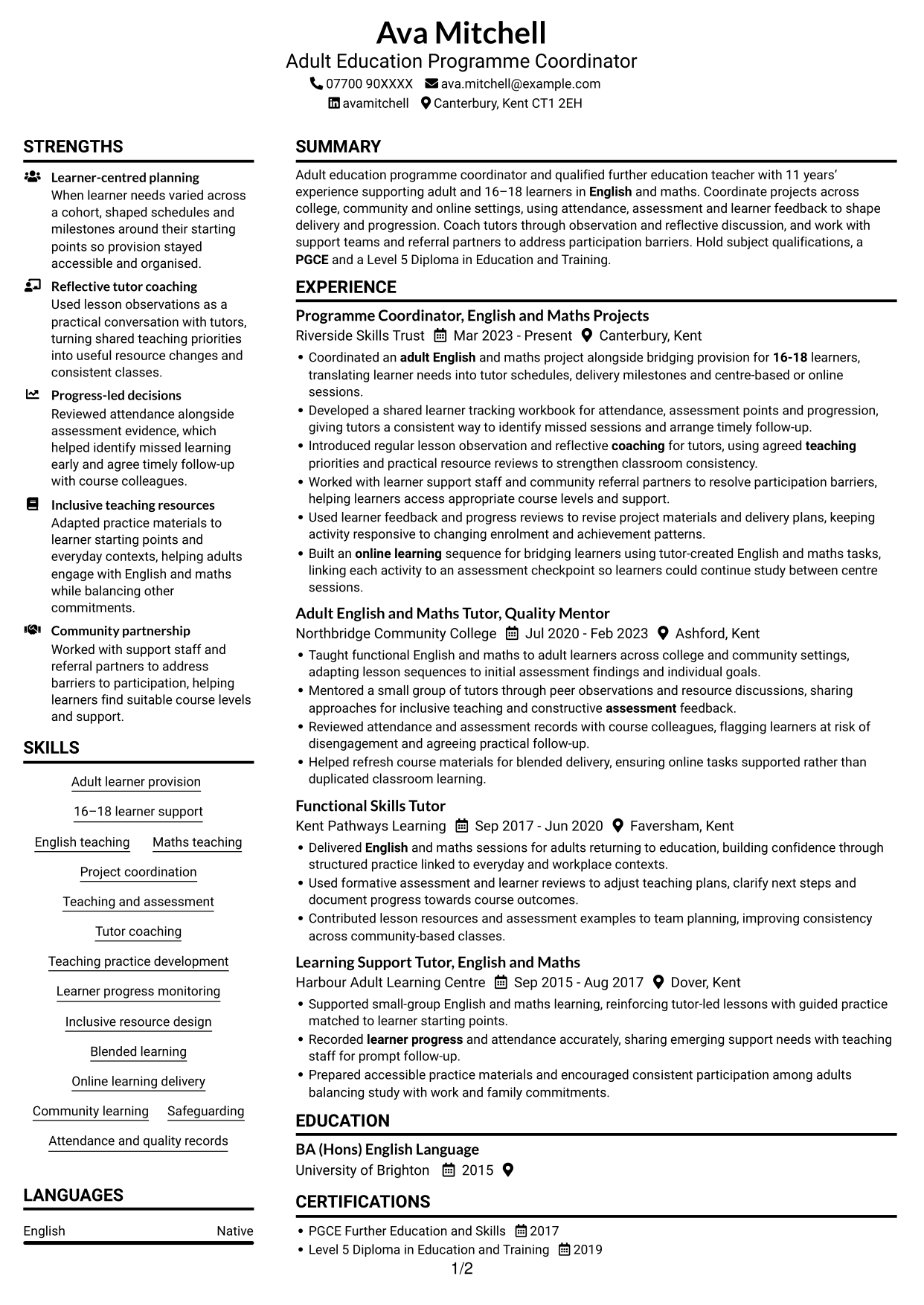 CV example — page 1