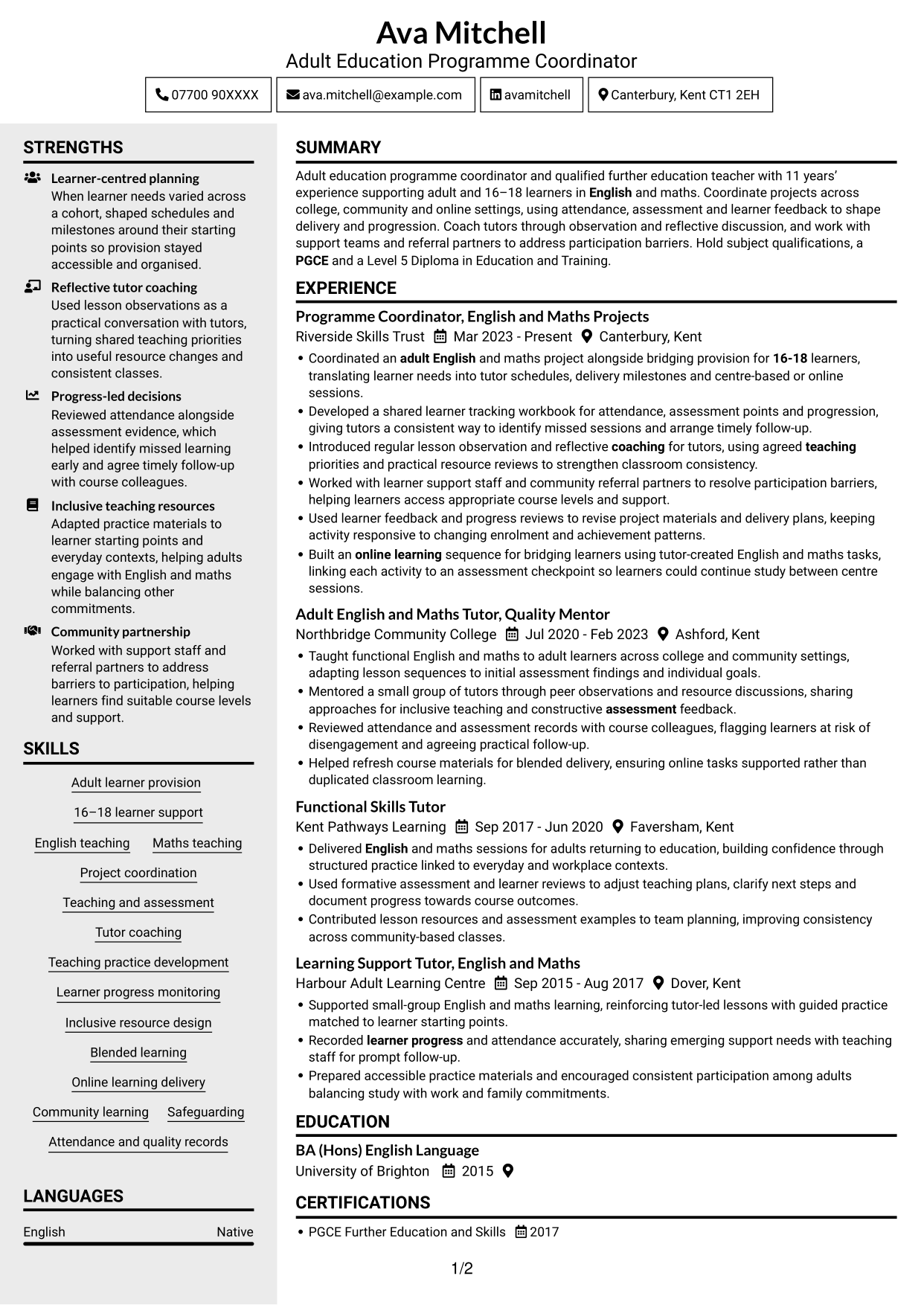 CV example — page 1