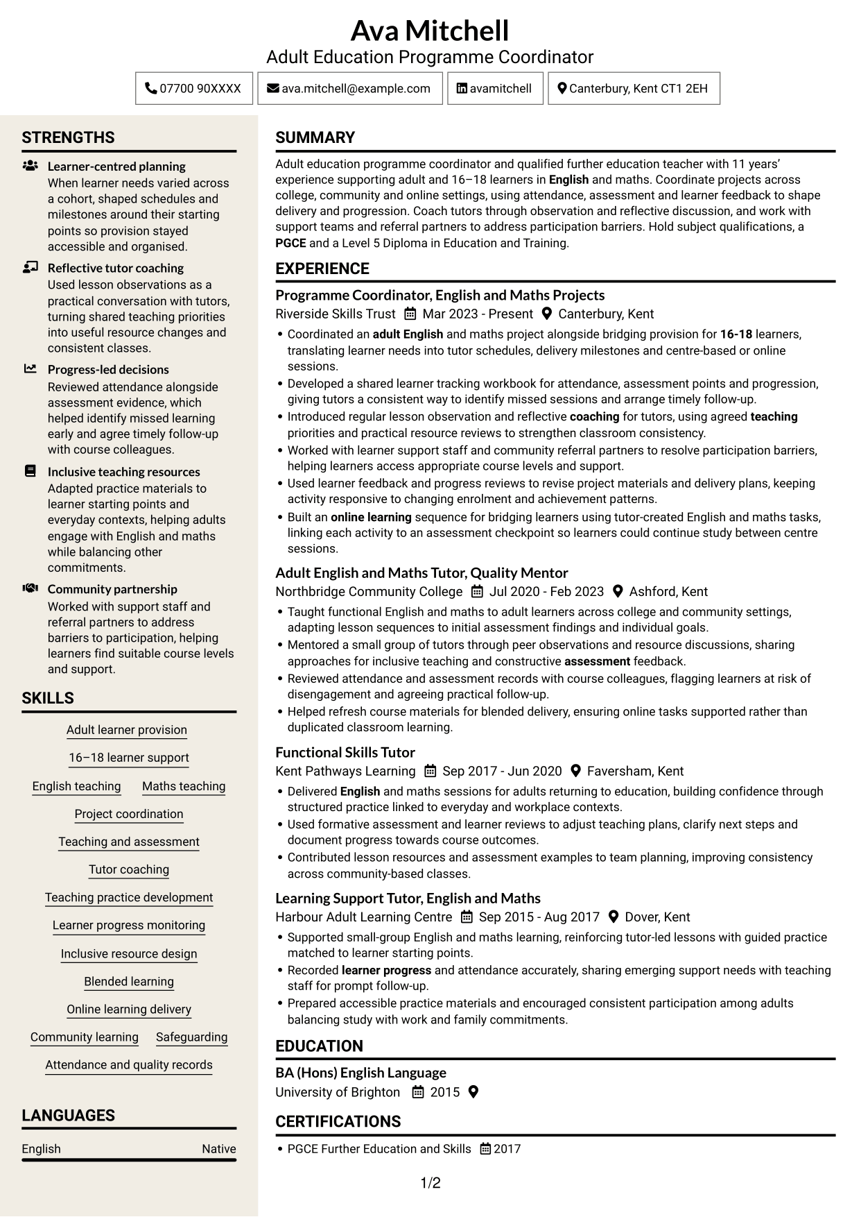 CV example — page 1
