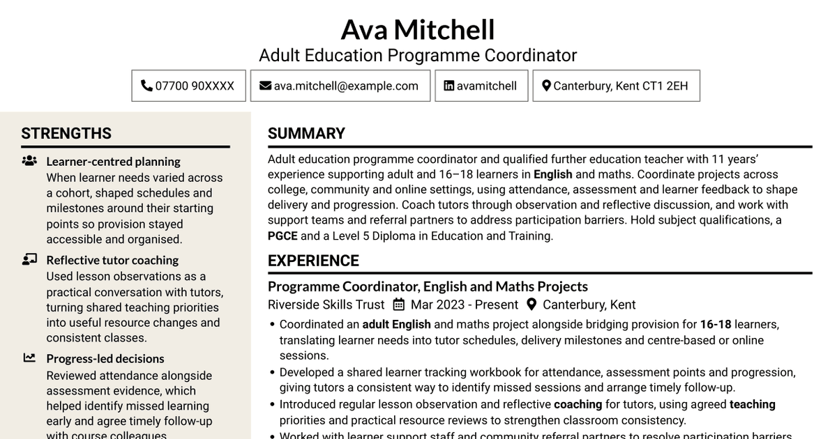 7 Programme Coordinator - Adult English and Maths Projects CV Templates with Example