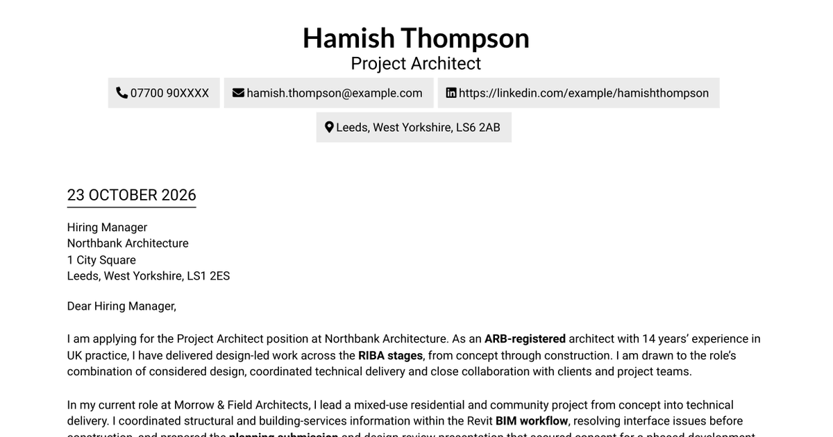 7 Project Architect - RIBA Project Delivery Cover Letter Templates with Example