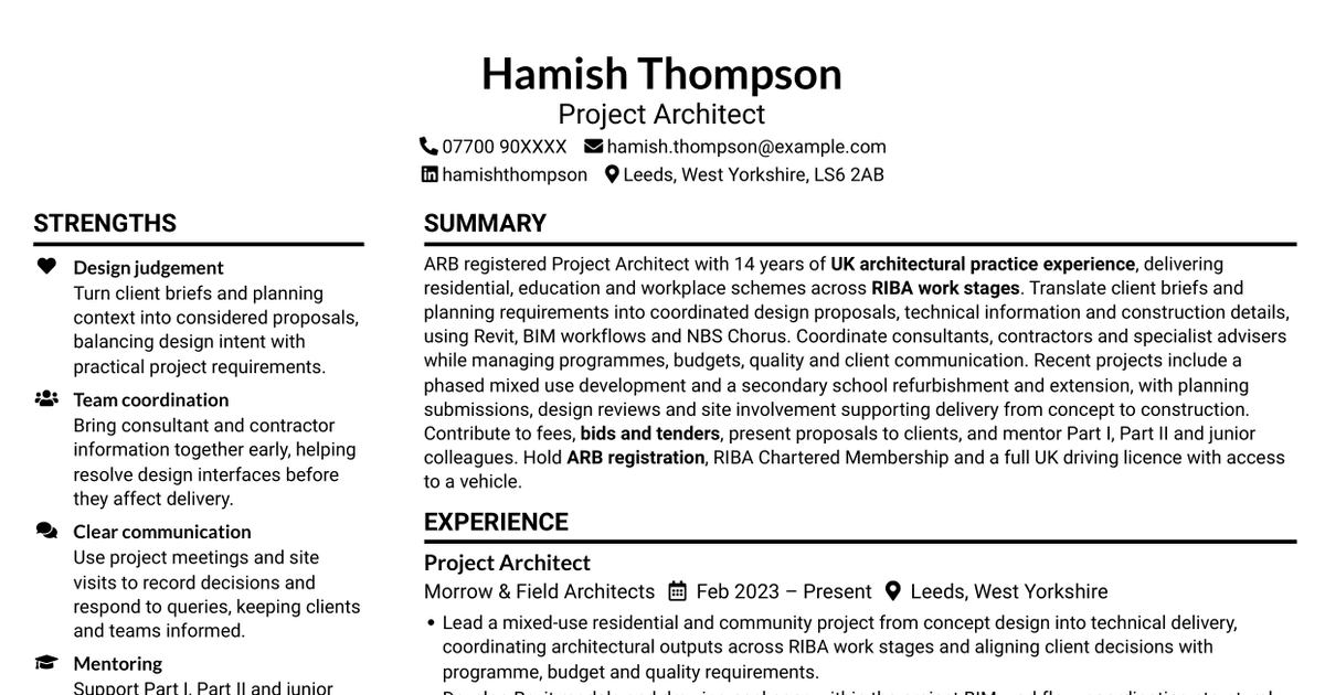7 Project Architect - RIBA Project Delivery CV Templates with Example