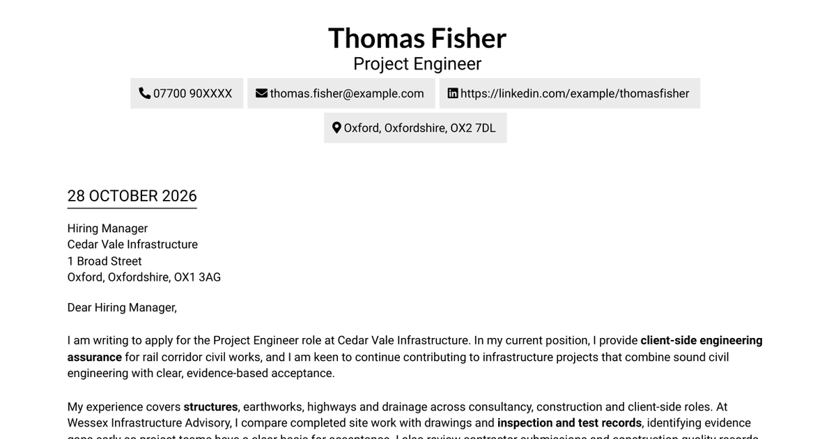 Project Engineer - Rail/Civil Engineering Cover Letter