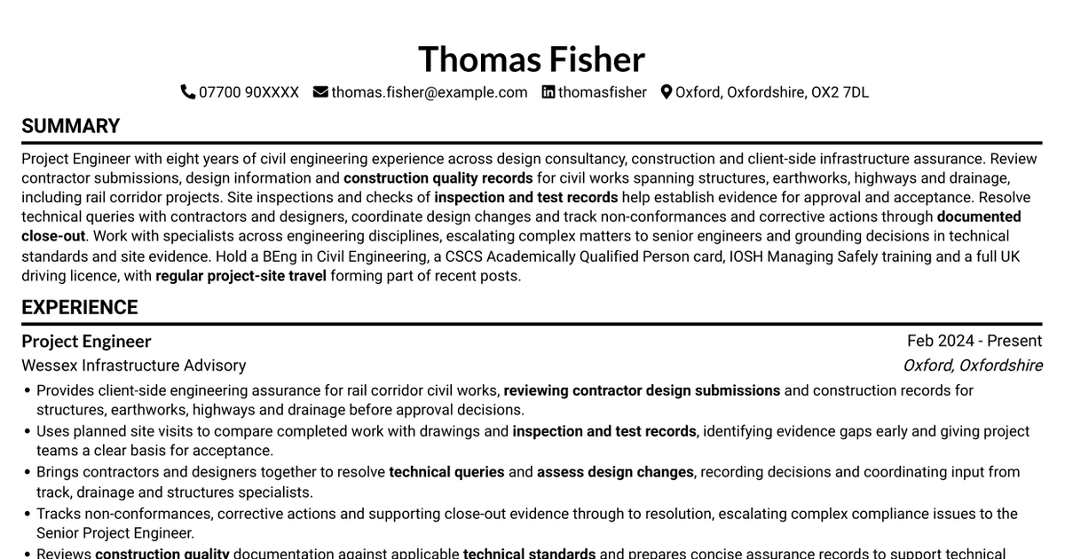 Project Engineer - Rail/Civil Engineering CV