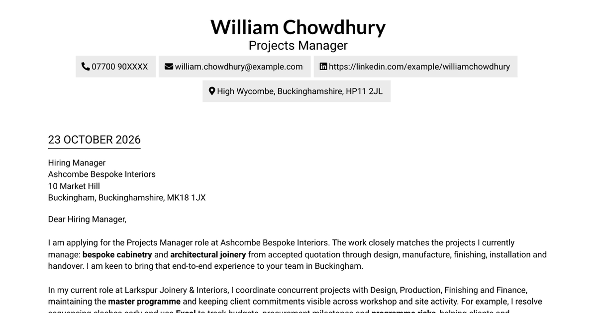 7 Projects Manager - Bespoke Joinery Cover Letter Templates with Example