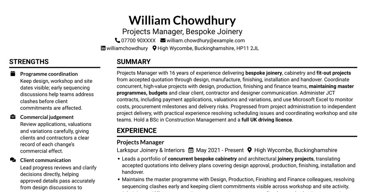 7 Projects Manager - Bespoke Joinery CV Templates with Example