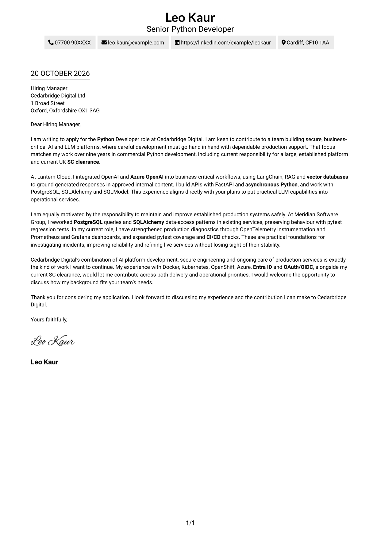 Cover letter example — page 1