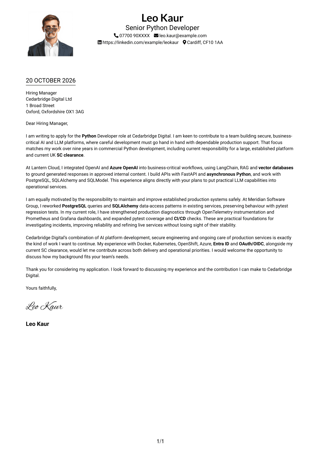 Cover letter example — page 1