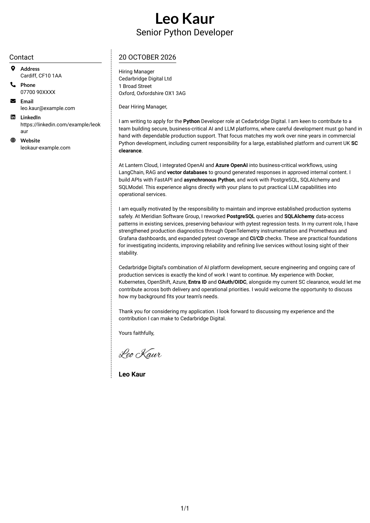 Cover letter example — page 1