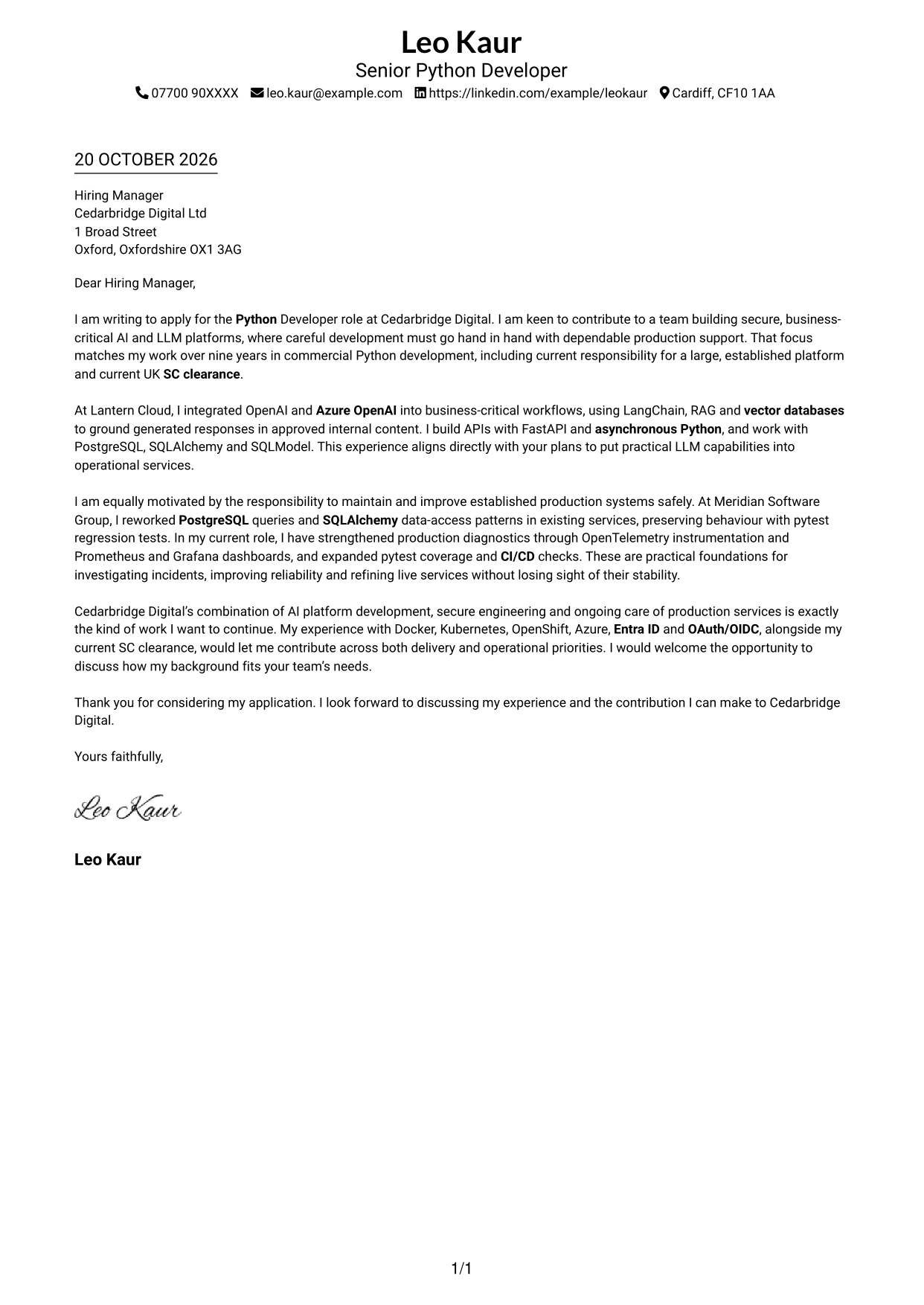 Cover letter example — page 1
