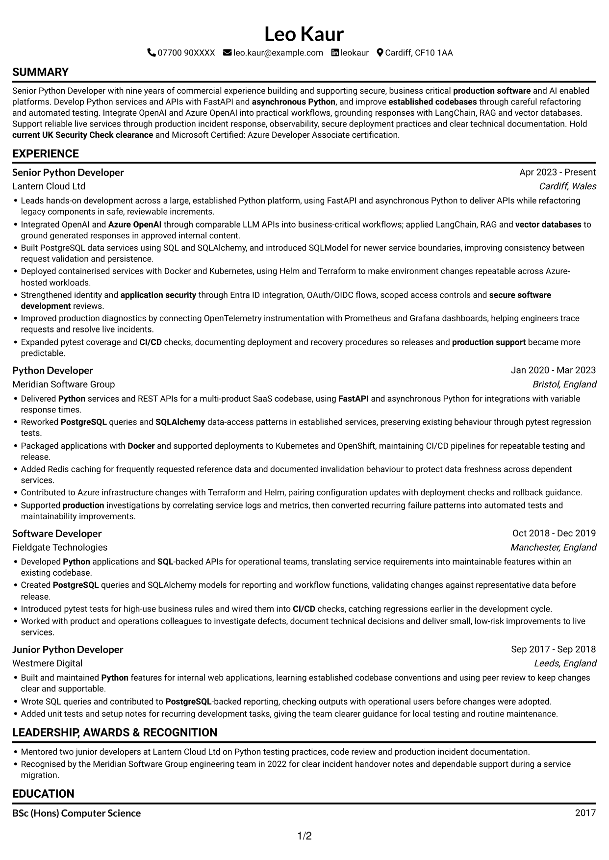 CV example — page 1