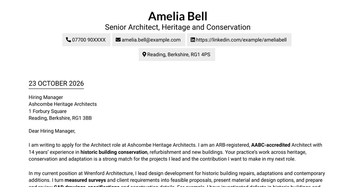 7 Qualified Architect - Heritage and Conservation Cover Letter Templates with Example