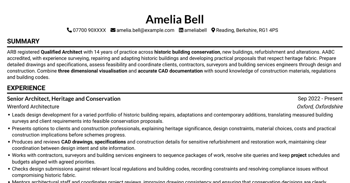 7 Qualified Architect - Heritage and Conservation CV Templates with Example