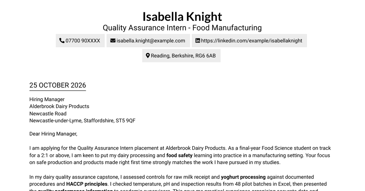 7 Quality Assurance Intern - Food Manufacturing Cover Letter Templates with Example