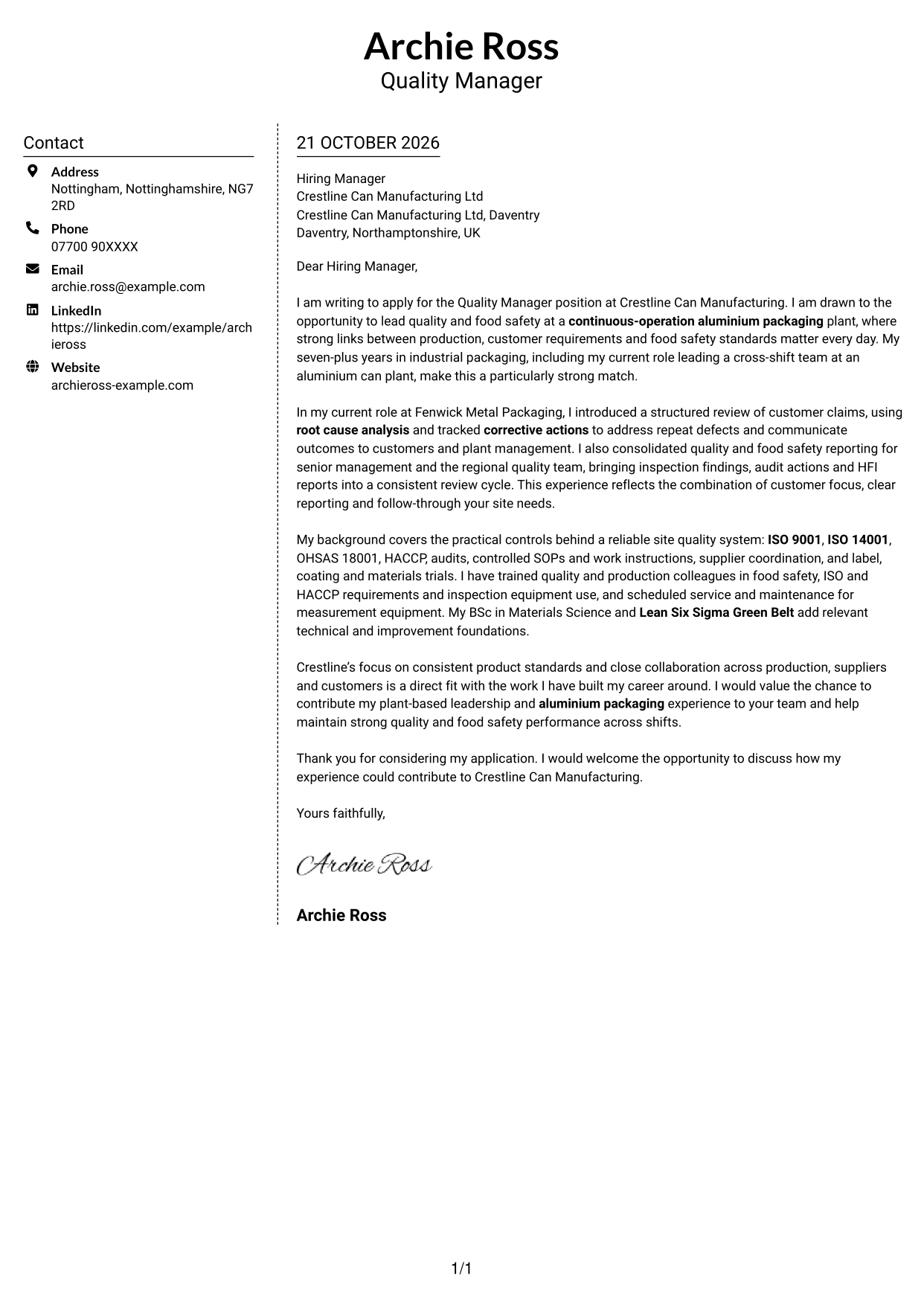 Cover letter example — page 1