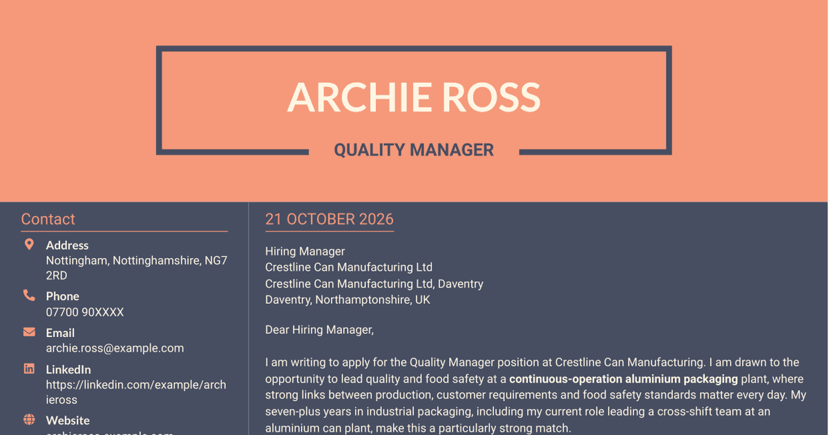 7 Quality Manager - Aluminium Packaging Cover Letter Templates with Example