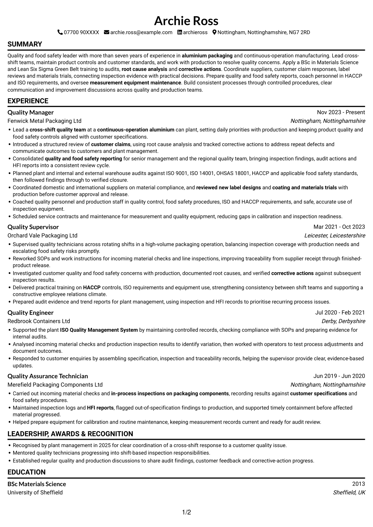 CV example — page 1