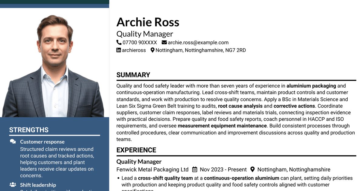7 Quality Manager - Aluminium Packaging CV Templates with Example
