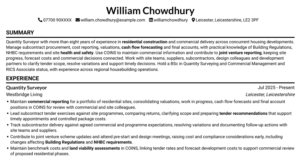 7 Quantity Surveyor - Residential Construction CV Templates with Example