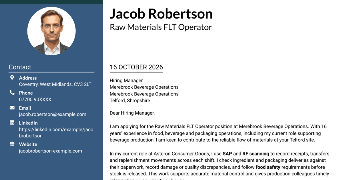 7 Raw Materials FLT Operator Cover Letter Templates with Example