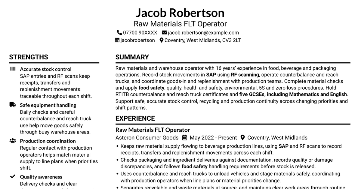 7 Raw Materials FLT Operator CV Templates with Example