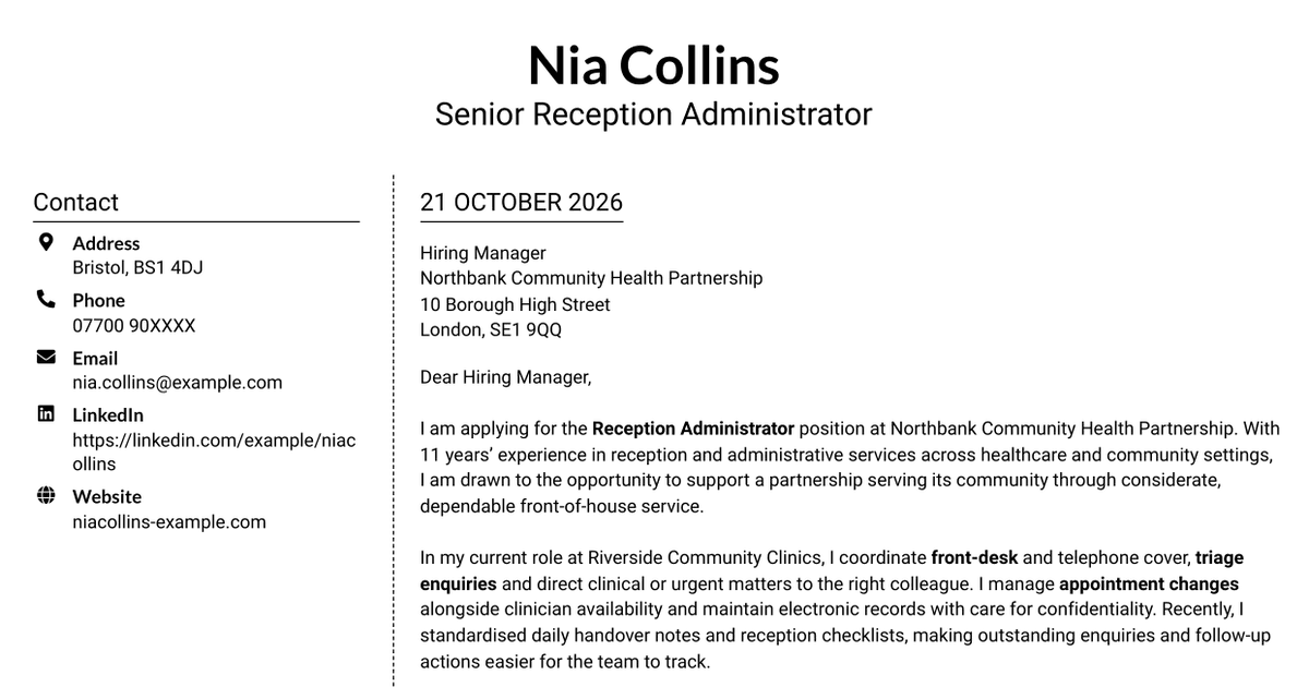 7 Reception Administrator Cover Letter Templates with Example