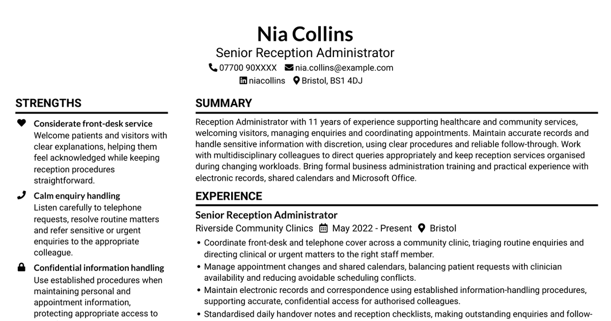 7 Reception Administrator CV Templates with Example