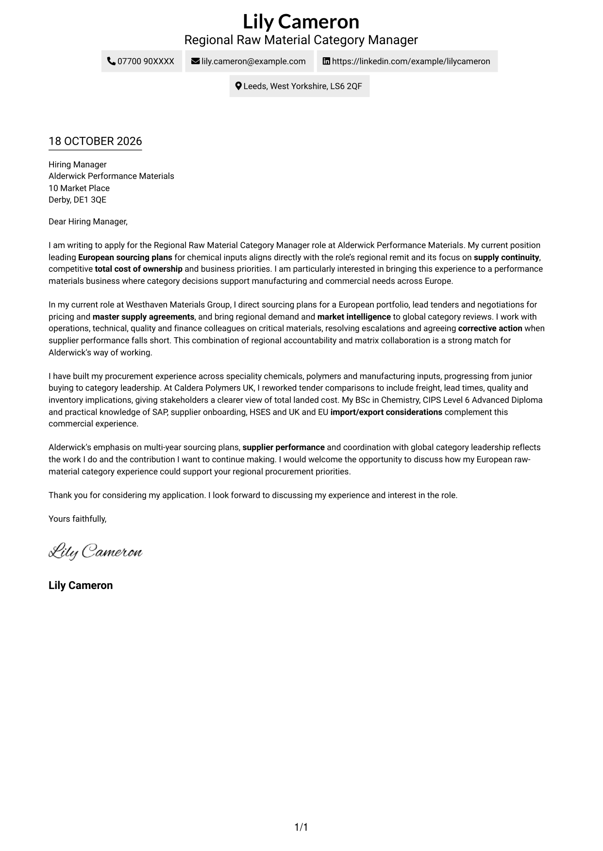 Cover letter example — page 1