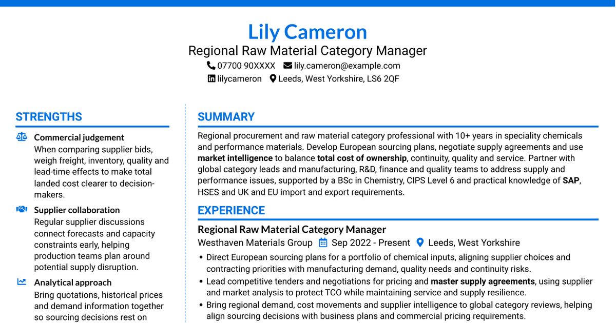 7 Regional Raw Material Category Manager CV Templates with Example