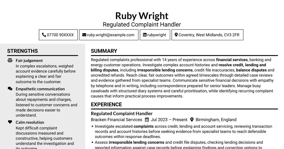 7 Regulatory Complaint Handler - Financial Services CV Templates with Example