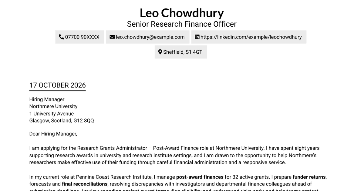 7 Research Grants Administrator - Post-Award Finance Cover Letter Templates with Example