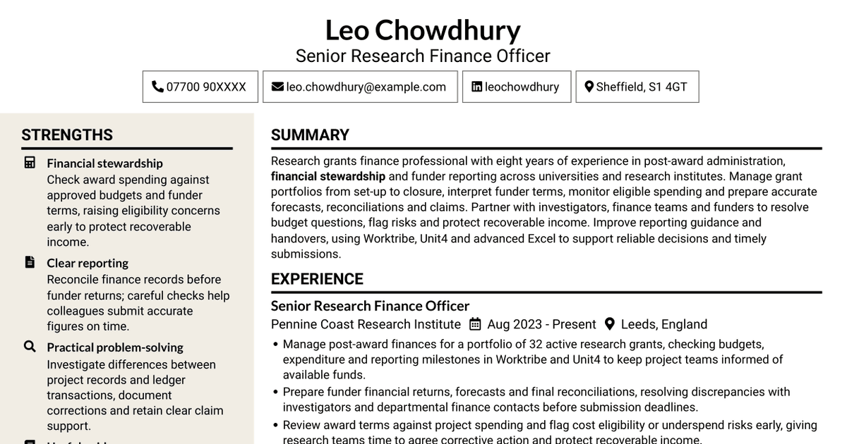 7 Research Grants Administrator - Post-Award Finance CV Templates with Example