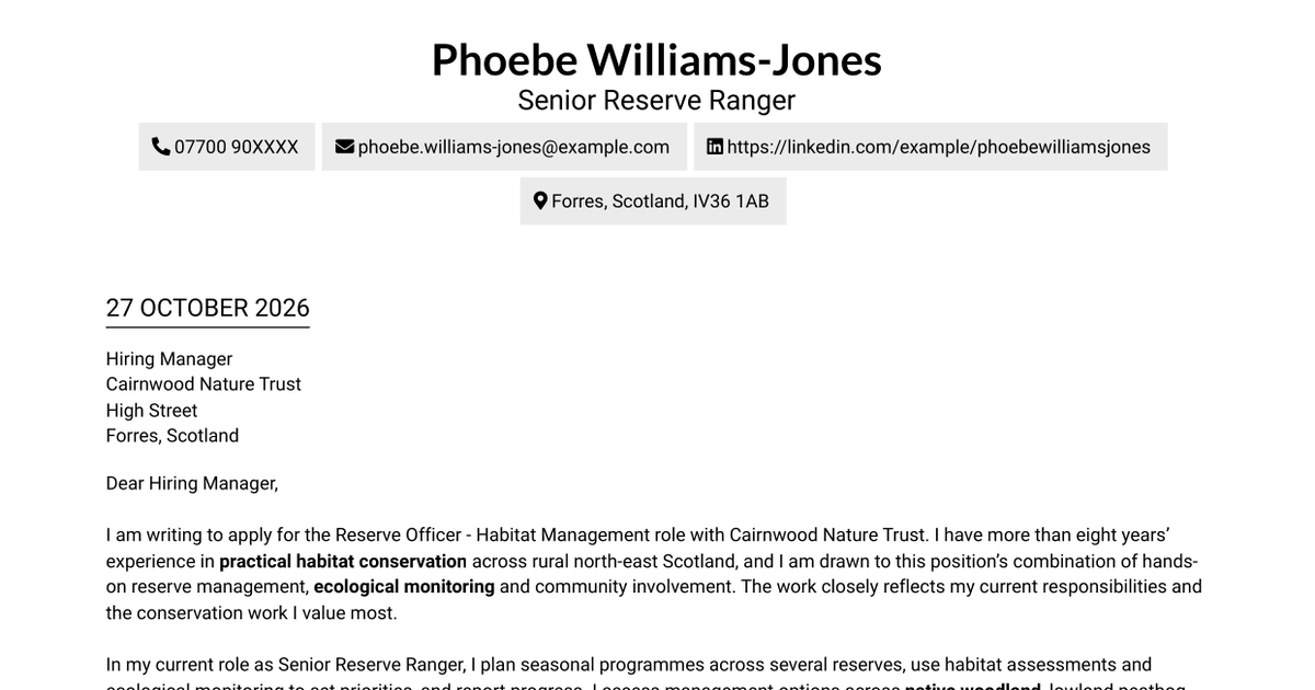 7 Reserve Officer - Habitat Management Cover Letter Templates with Example