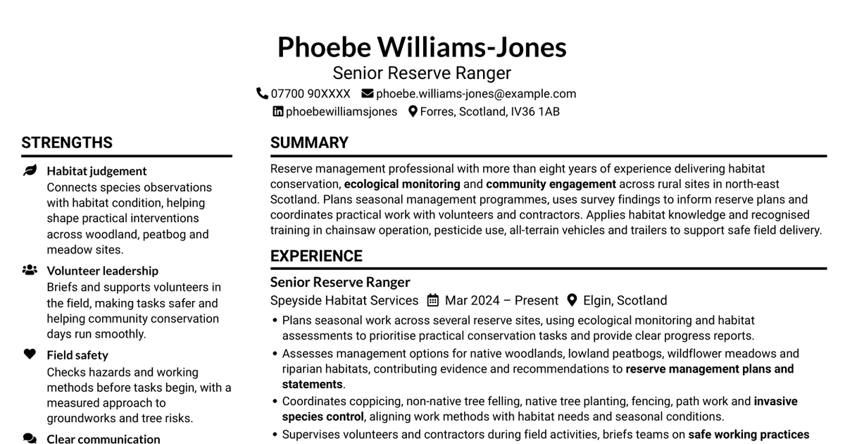 7 Reserve Officer - Habitat Management CV Templates with Example